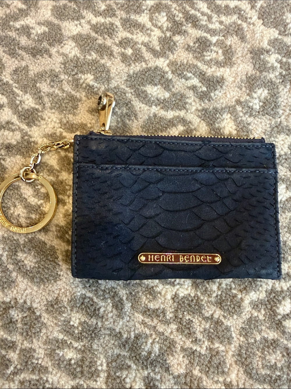 henri bendel Black Textured Card Case with Gold Key Ring